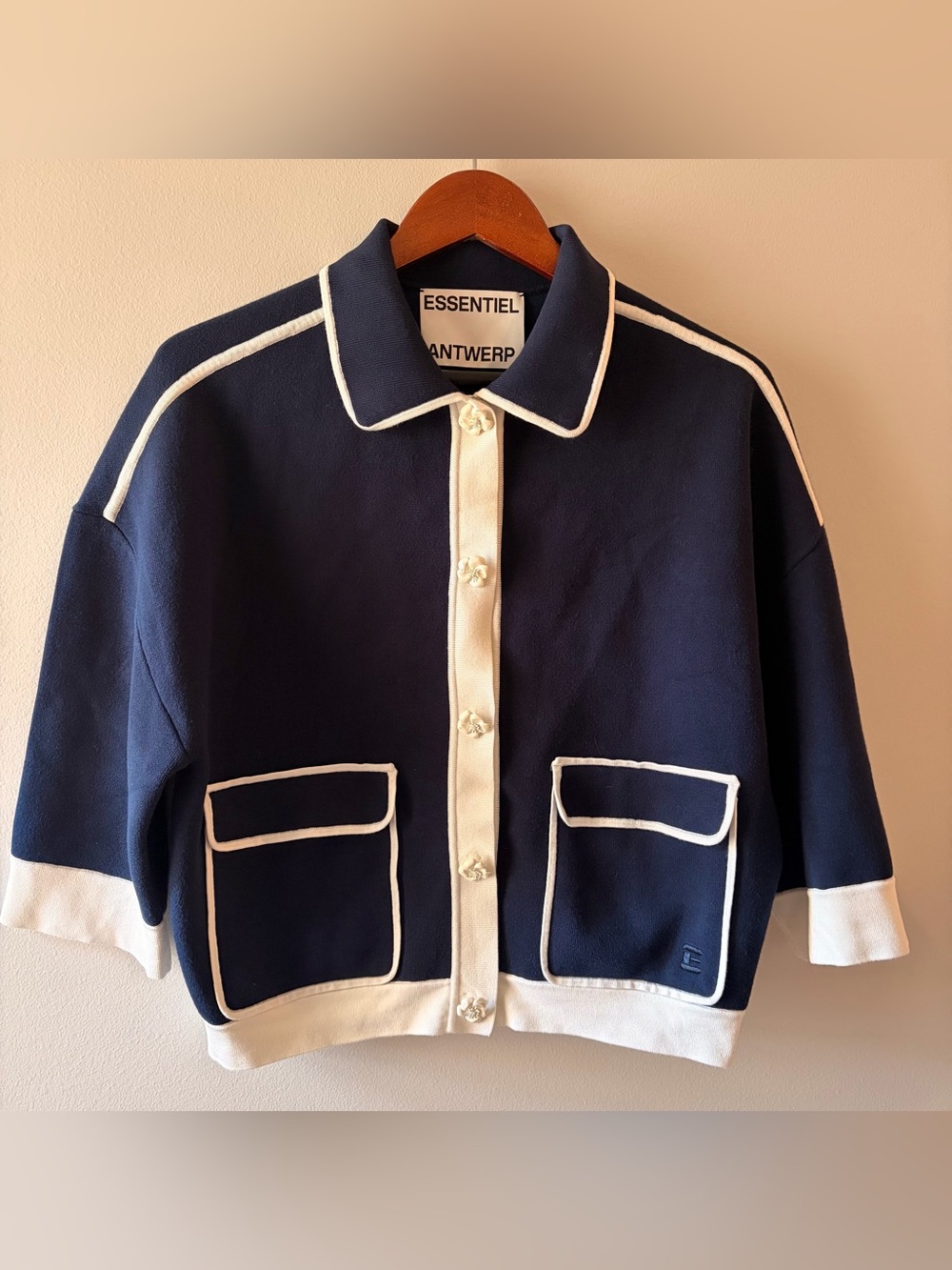 Essentiel Antwerp Size XS Navy Blue with White Trim Jugly Knit Jacket